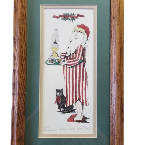 Signed Numbered Framed Santa Claus Midnight Snack Handpainted Christmas Art - Picture 1 of 5